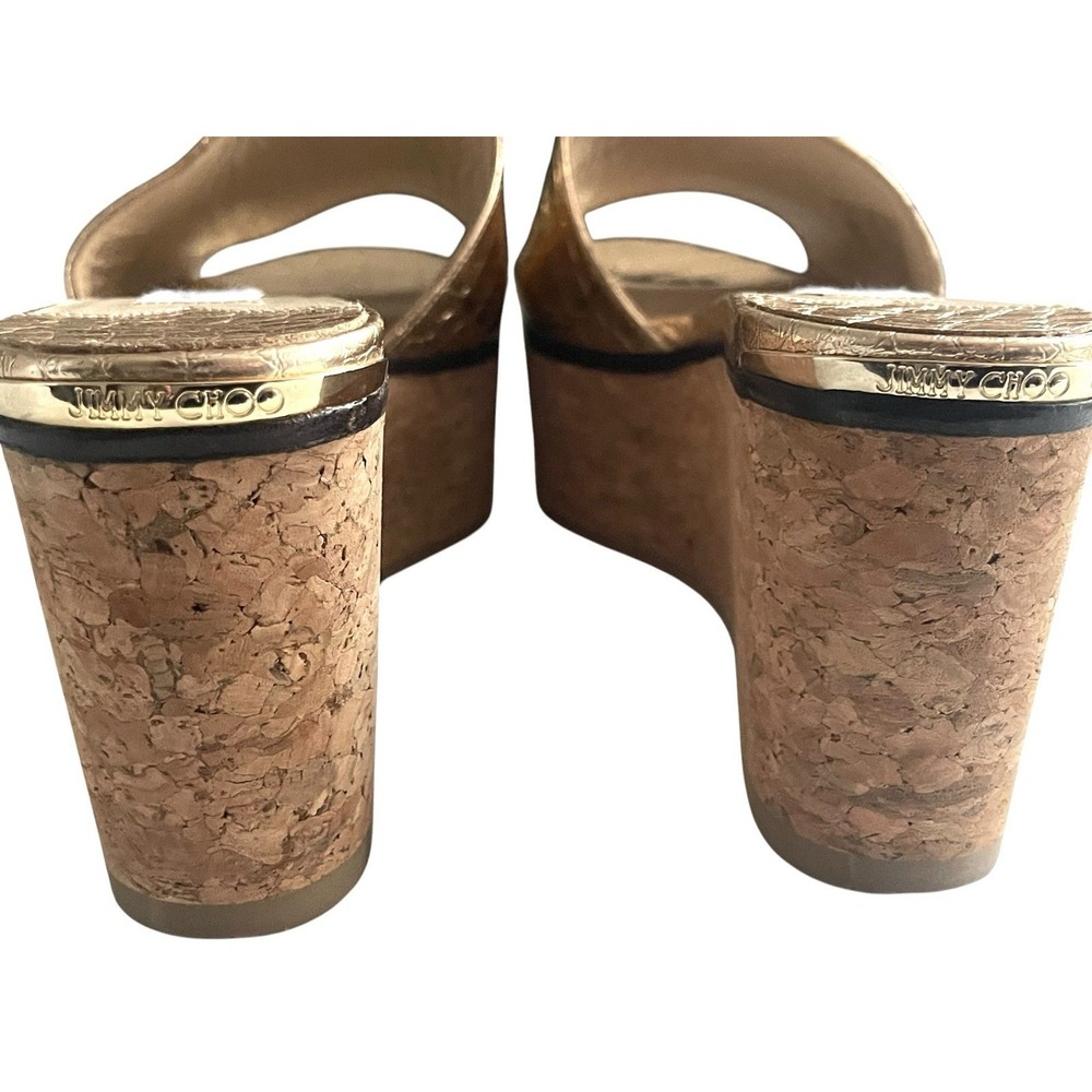 Jimmy Choo Deedee Metallic Cork Platform Sandals Gold Croc Embossed Glam Resort - Picture 10 of 15